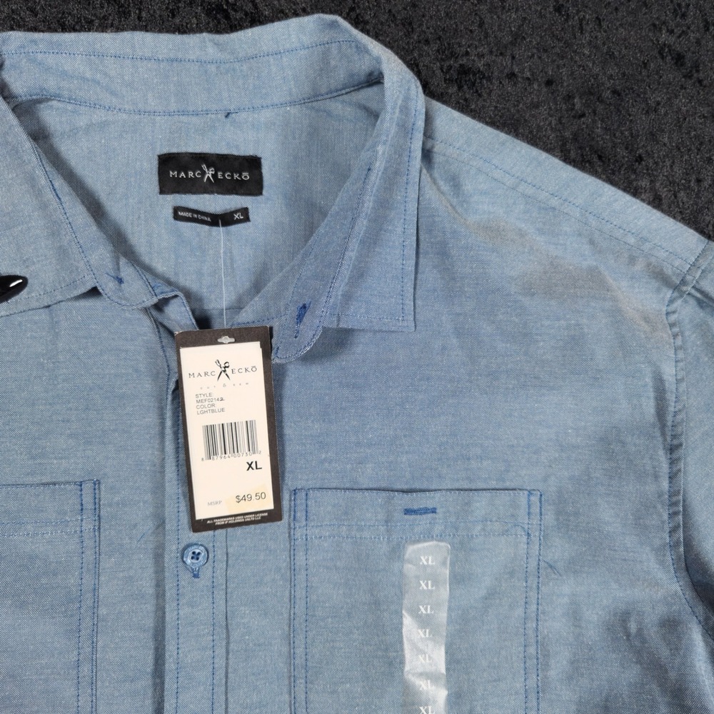 Marc Ecko Cut & Sew Mens XL Light Denim Blue Short Sleeve Button Up Shirt NWT